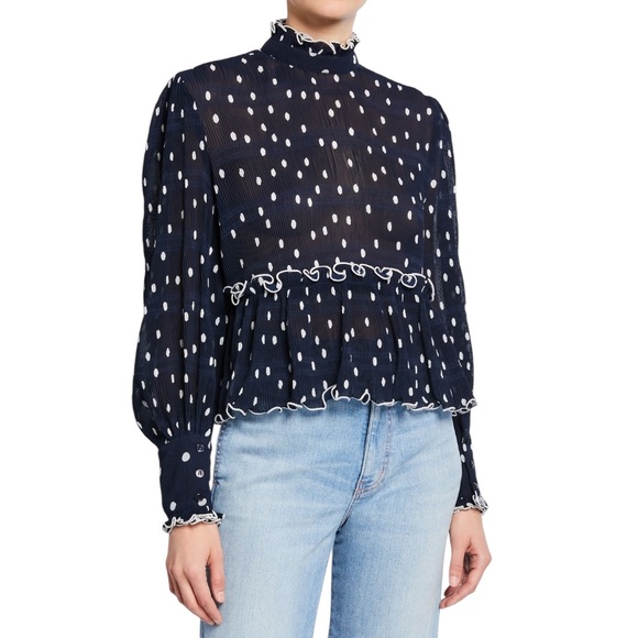 GANNI Pleated Georgette Blouse In Navy Polka Dot Size 34 - Picture 7 of 7